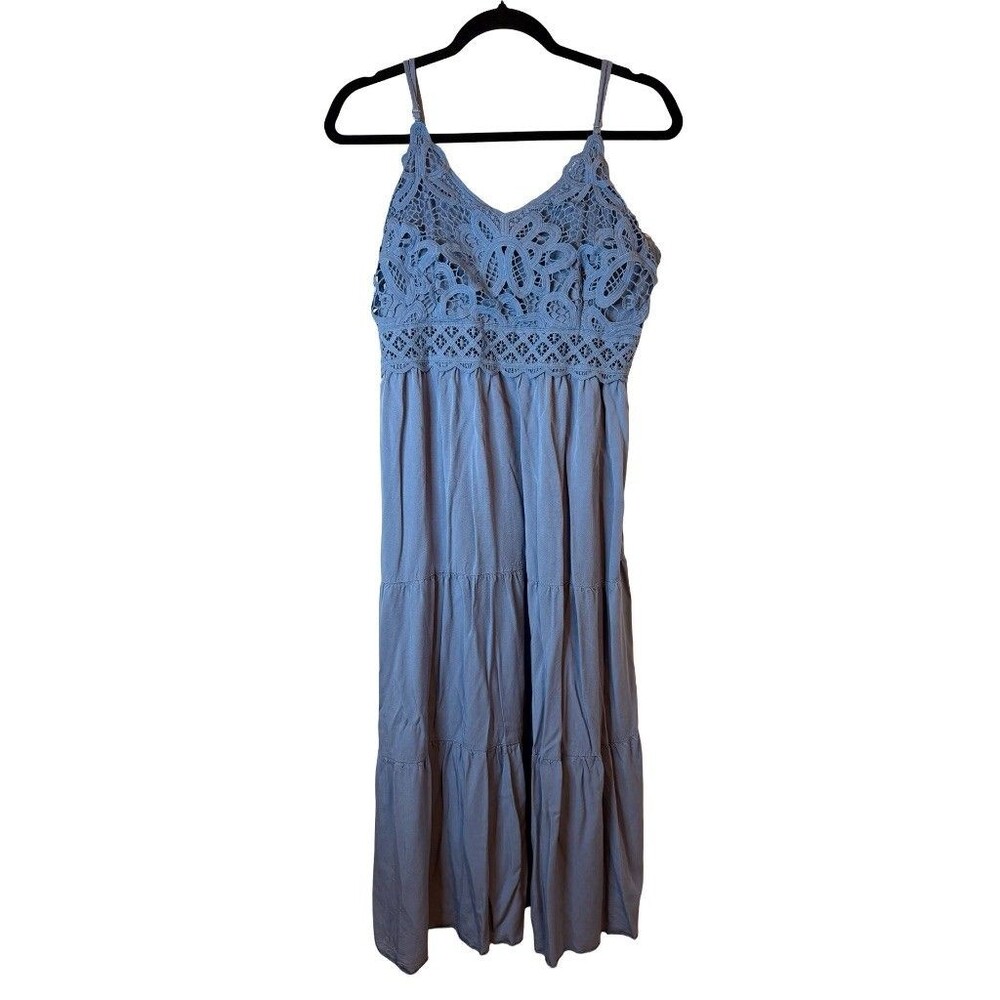 Blue Crochet Lace Bodice Tiered Midi Dress Boho Smocked Back Sundress Size XL - Picture 2 of 8